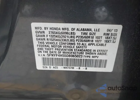 2013 Honda Pilot Ex-L из США, поврежденный, VIN 5FNYF4H55DB065023